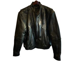First leather apparel Men's Large Black Leather Motorcycle Jacket Zippered‎
